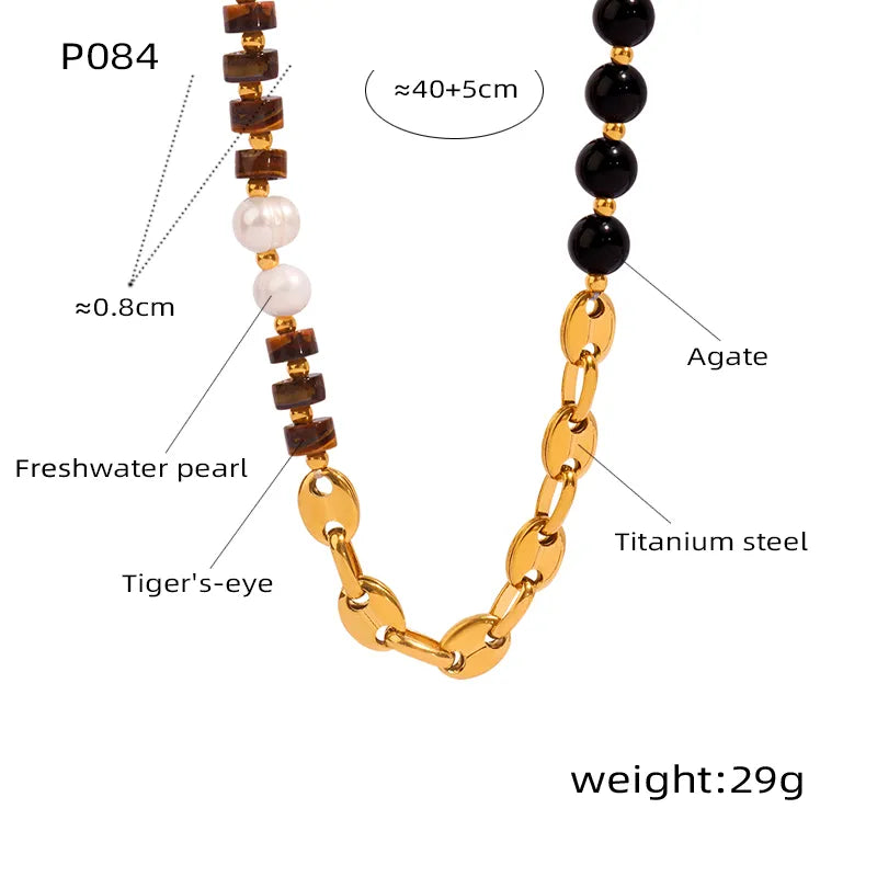 Elegant Vintage Style Geometric Titanium Steel Beaded Plating Inlay Freshwater Pearl Agate Tiger Eye 18k Gold Plated Necklace