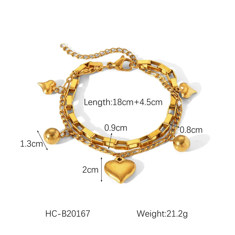 Elegant Vintage Style Heart Shape 304 Stainless Steel Titanium Steel 18K Gold Plated Box Chain Figaro Chain Bracelets In Bulk