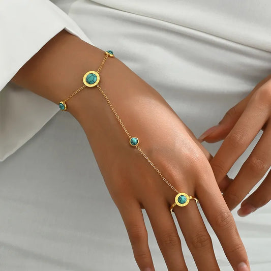 Elegant Vintage Style Vacation Geometric 201 Stainless Steel 18K Gold Plated Turquoise Bracelets In Bulk