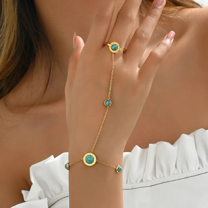 Elegant Vintage Style Vacation Geometric 201 Stainless Steel 18K Gold Plated Turquoise Bracelets In Bulk