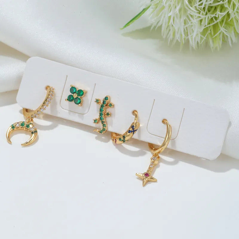 Fashion Animal Moon Flower Copper Inlaid Zircon Earrings 1 Set