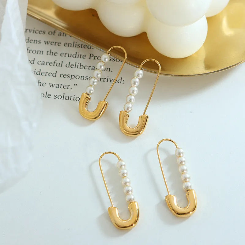 Fashion Geometric Titanium Steel Plating Artificial Pearls Earrings 1 Pair