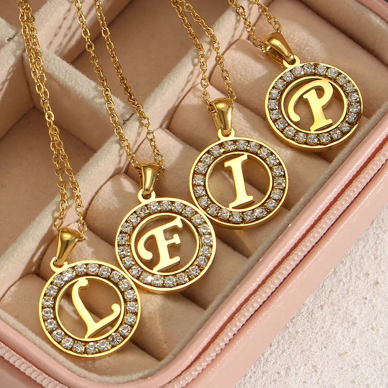 Fashion New Letter Pendant Plated 18k Inlaid Zirconium Hollow Round Stainless Steel Necklace