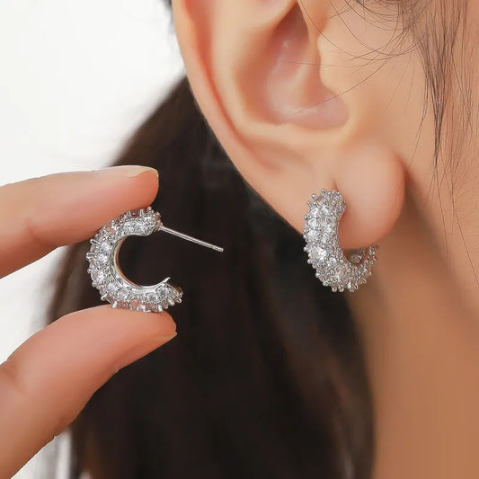 Fashion Simple Micro Inlaid Zircon C- Shaped Earrings Light Luxury Niche Design Super Flash Earrings Ear