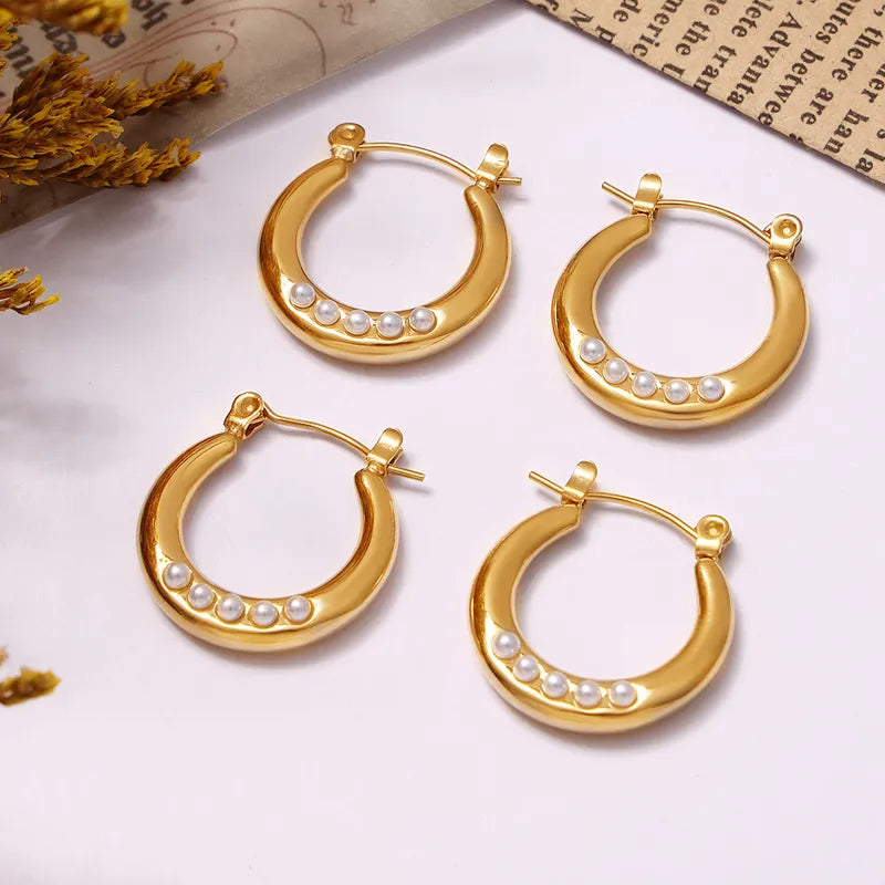 French Geometric Ring Imitation Pearl Ear Ring Hot Selling New Titanium Steel 18K Gold Plating Non-Fading Temperament Earrings