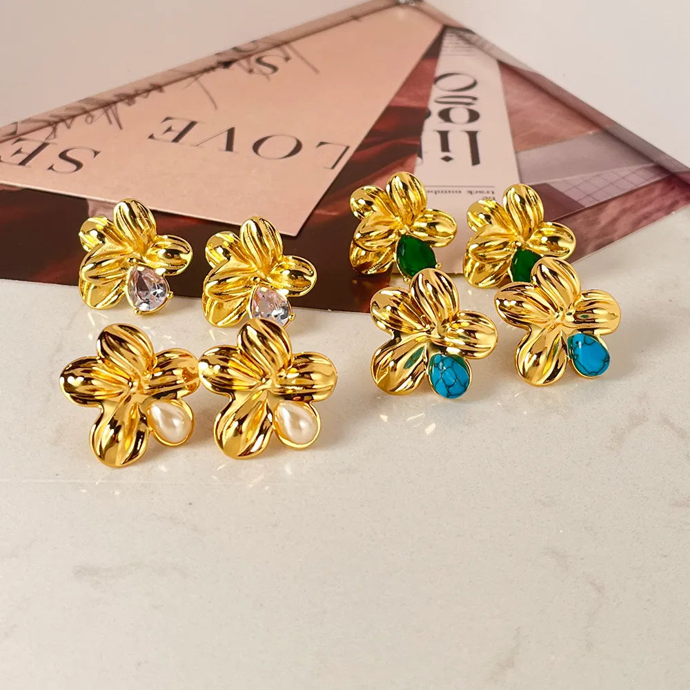 French Style Flower 304 Stainless Steel Artificial Pearls Turquoise Zircon 18K Gold Plated Ear Studs