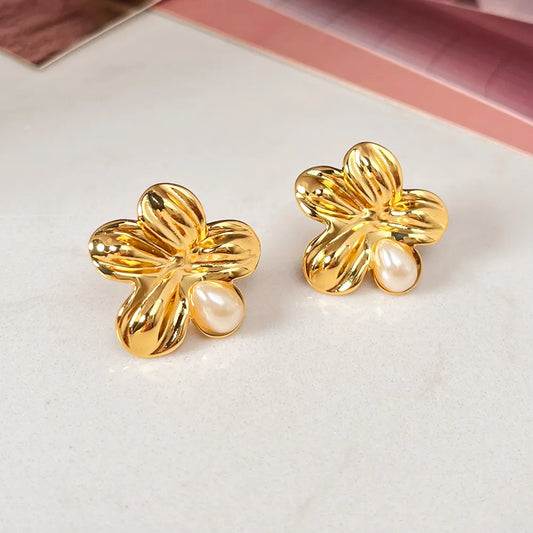 French Style Flower 304 Stainless Steel Artificial Pearls Turquoise Zircon 18K Gold Plated Ear Studs