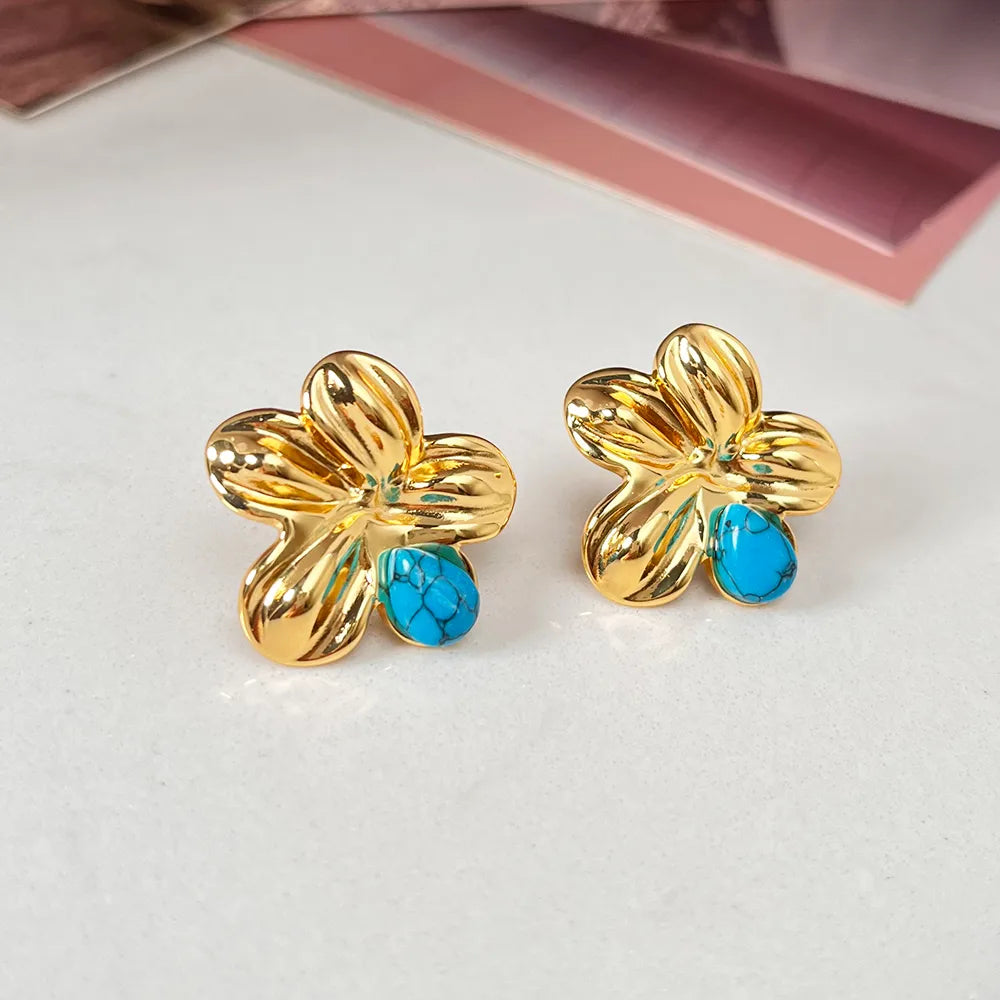 French Style Flower 304 Stainless Steel Artificial Pearls Turquoise Zircon 18K Gold Plated Ear Studs