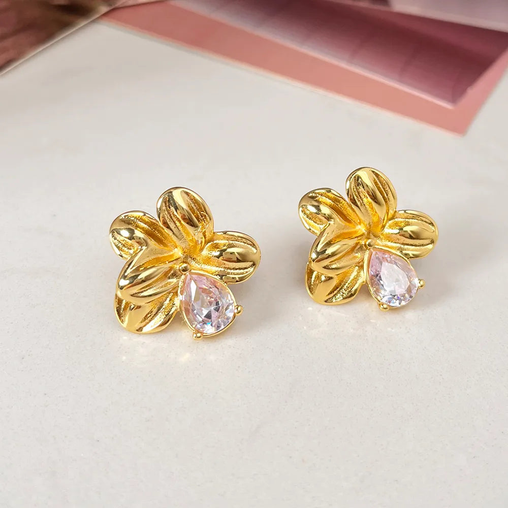 French Style Flower 304 Stainless Steel Artificial Pearls Turquoise Zircon 18K Gold Plated Ear Studs