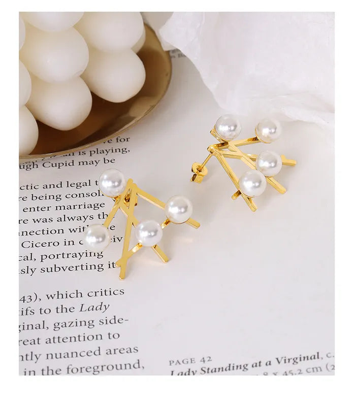 French Style Irregular Imitation Pearl Geometric Earrings Fashion New Titanium Steel 18K Gold Graceful Earrings