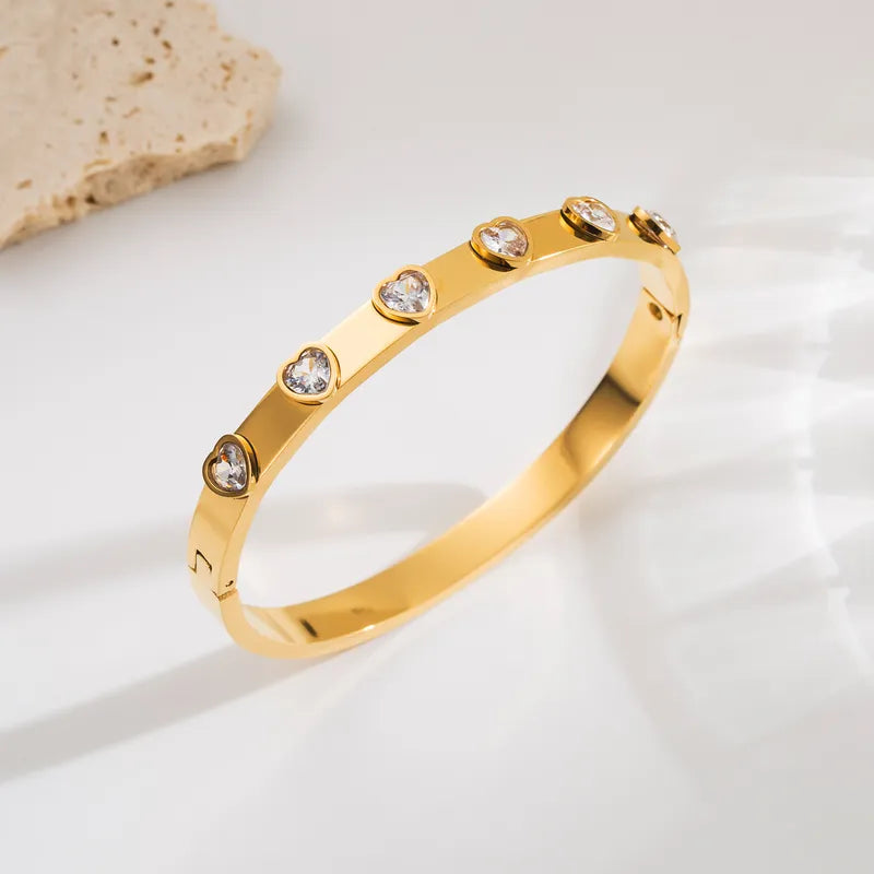 French Style Simple Style Heart Shape 304 Stainless Steel 18K Gold Plated Zircon Bangle In Bulk