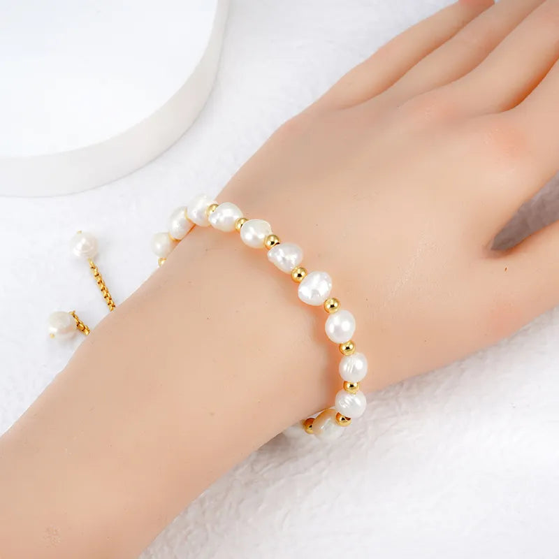 French Style Simple Style Round 304 Stainless Steel Freshwater Pearl 18K Gold Plated Freshwater Pearl Bracelets In Bulk