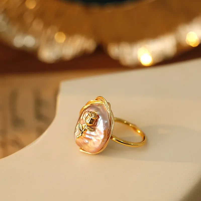 Freshwater Pearl Copper 18K Gold Plated Epoxy Plating Inlay Rose Freshwater Pearl Adjustable Ring