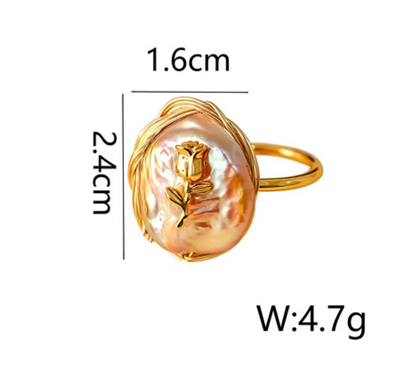 Freshwater Pearl Copper 18K Gold Plated Epoxy Plating Inlay Rose Freshwater Pearl Adjustable Ring