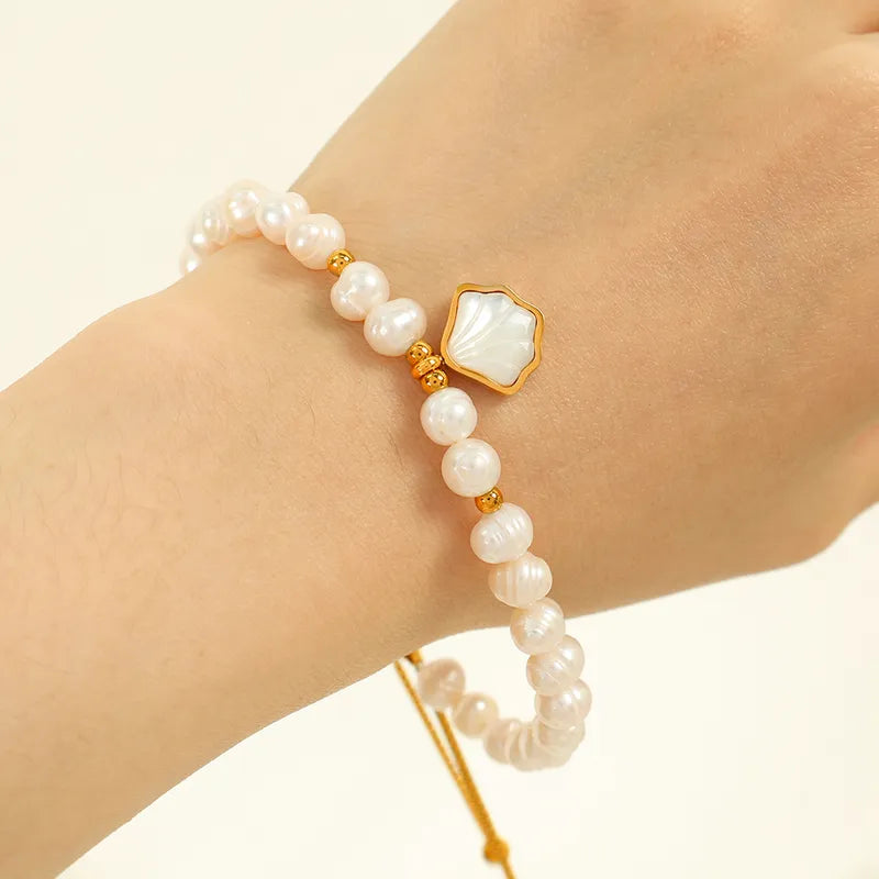 Freshwater Pearl White Shell Titanium Steel 18K Gold Plated Elegant Beaded Shell Bracelets