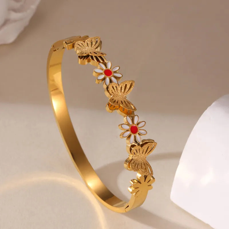 Glam Classical Flower Butterfly 304 Stainless Steel 18K Gold Plated Bangle In Bulk