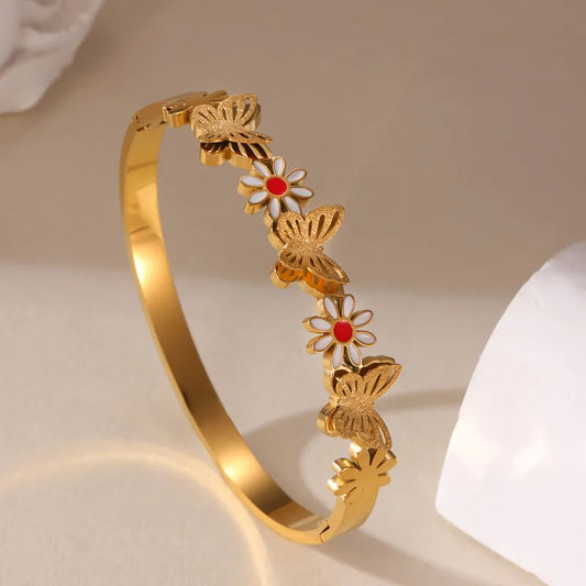 Glam Classical Flower Butterfly 304 Stainless Steel 18K Gold Plated Bangle In Bulk