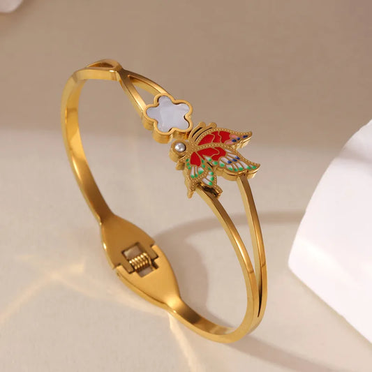 Glam Classical Flower Butterfly 304 Stainless Steel 18K Gold Plated Bangle In Bulk