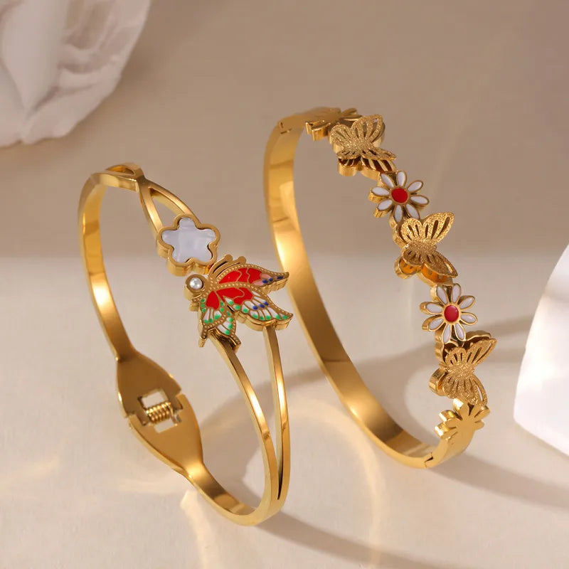 Glam Classical Flower Butterfly 304 Stainless Steel 18K Gold Plated Bangle In Bulk