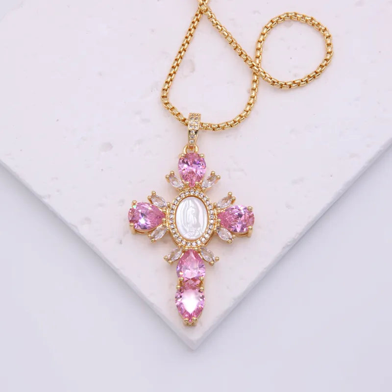 Cross Copper Plating Inlay Shell Zircon 18k Gold Plated White Gold Plated Pendant Necklace