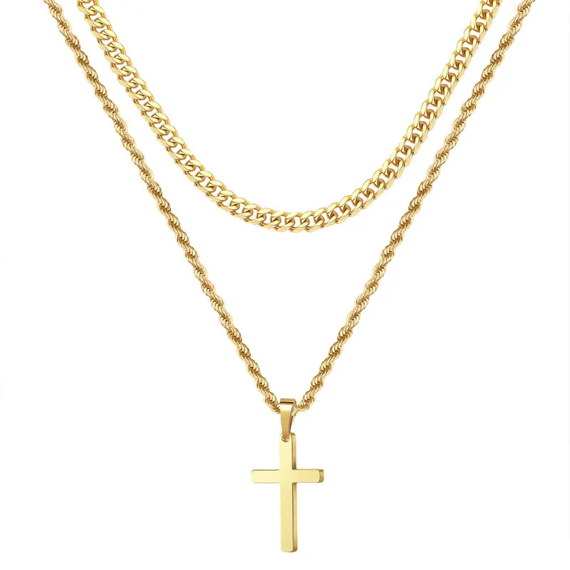 Hip-Hop Cross 304 Stainless Steel Plating 18K Gold Plated Men's Double Layer Necklaces Pendant Necklace