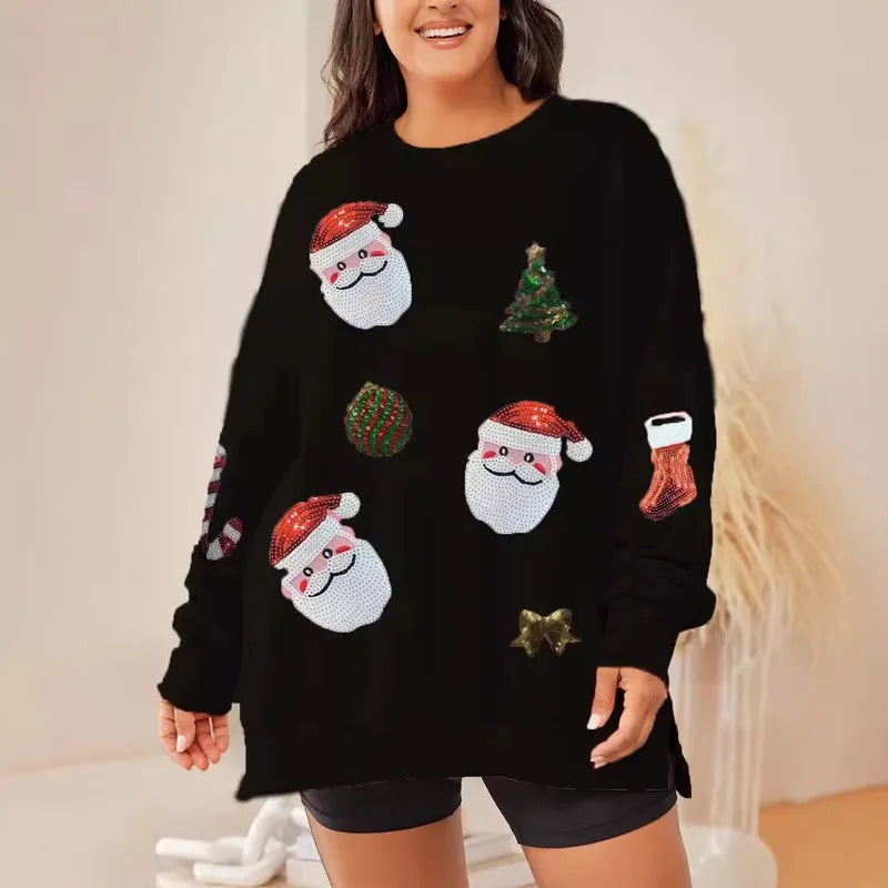 Hoodies & Sweatshirts Long Sleeve Sequins Casual Christmas Tree Santa Claus