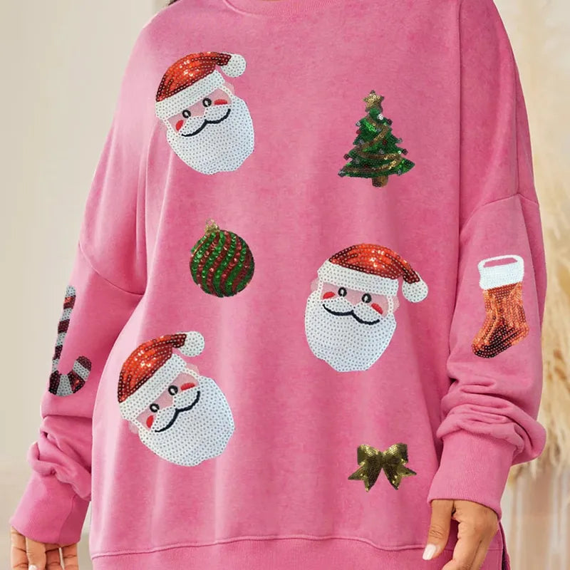 Hoodies & Sweatshirts Long Sleeve Sequins Casual Christmas Tree Santa Claus