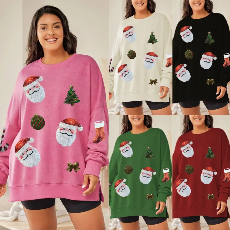 Hoodies & Sweatshirts Long Sleeve Sequins Casual Christmas Tree Santa Claus