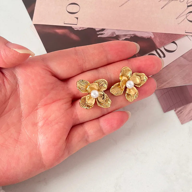 IG Style French Style Flower Inlay 304 Stainless Steel Pearl Zircon 18K Gold Plated Ear Studs