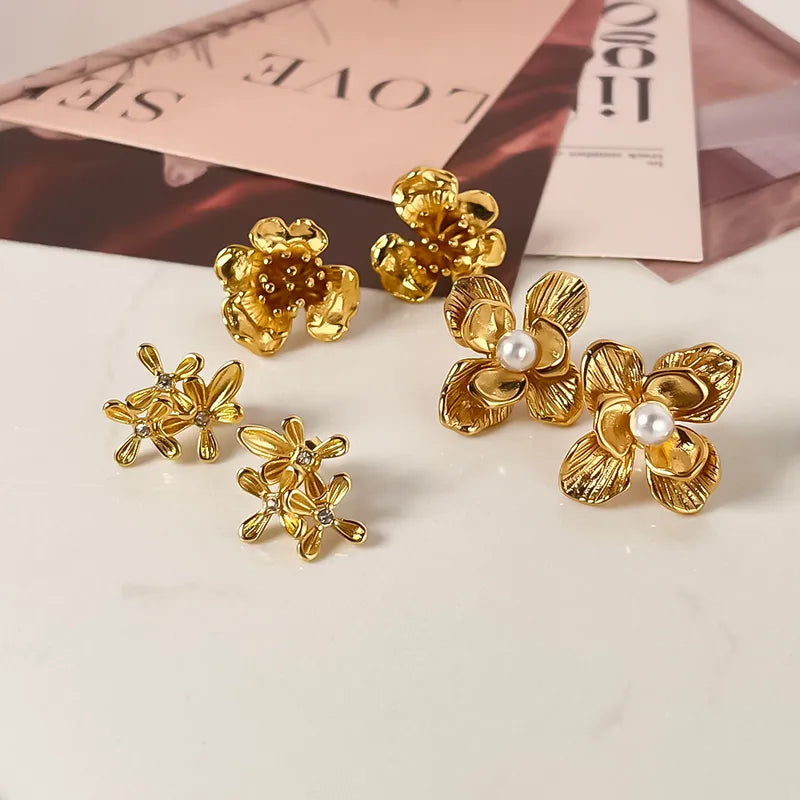 IG Style French Style Flower Inlay 304 Stainless Steel Pearl Zircon 18K Gold Plated Ear Studs