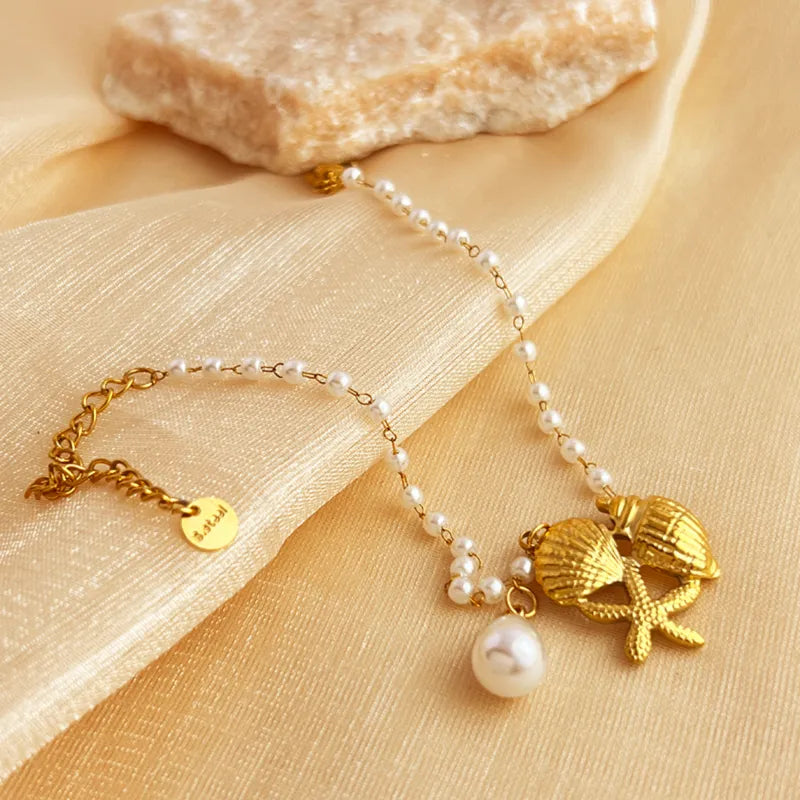 IG Style Hawaiian Classic Style Starfish Conch Shell 201 Stainless Steel 304 Stainless Steel Artificial Pearl 18K Gold Plated Bracelets In Bulk