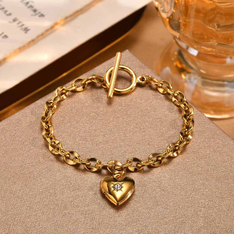 IG Style Heart Shape 201 Stainless Steel 304 Stainless Steel 18K Gold Plated Zircon Bracelets In Bulk