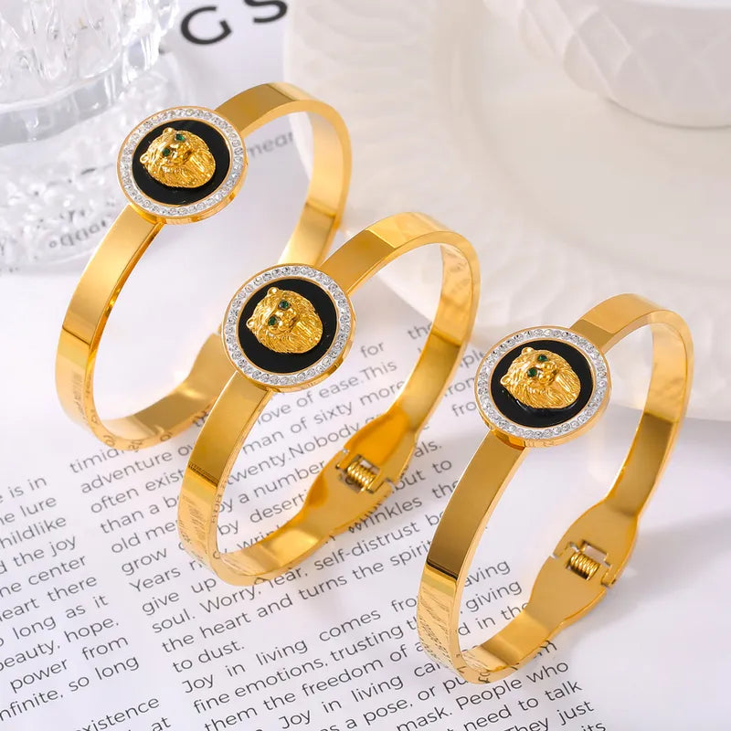 IG Style Hip-Hop Round Lion 304 Stainless Steel 18K Gold Plated Rhinestones Bangle In Bulk