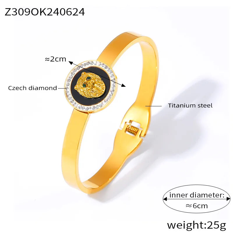 IG Style Hip-Hop Round Lion 304 Stainless Steel 18K Gold Plated Rhinestones Bangle In Bulk