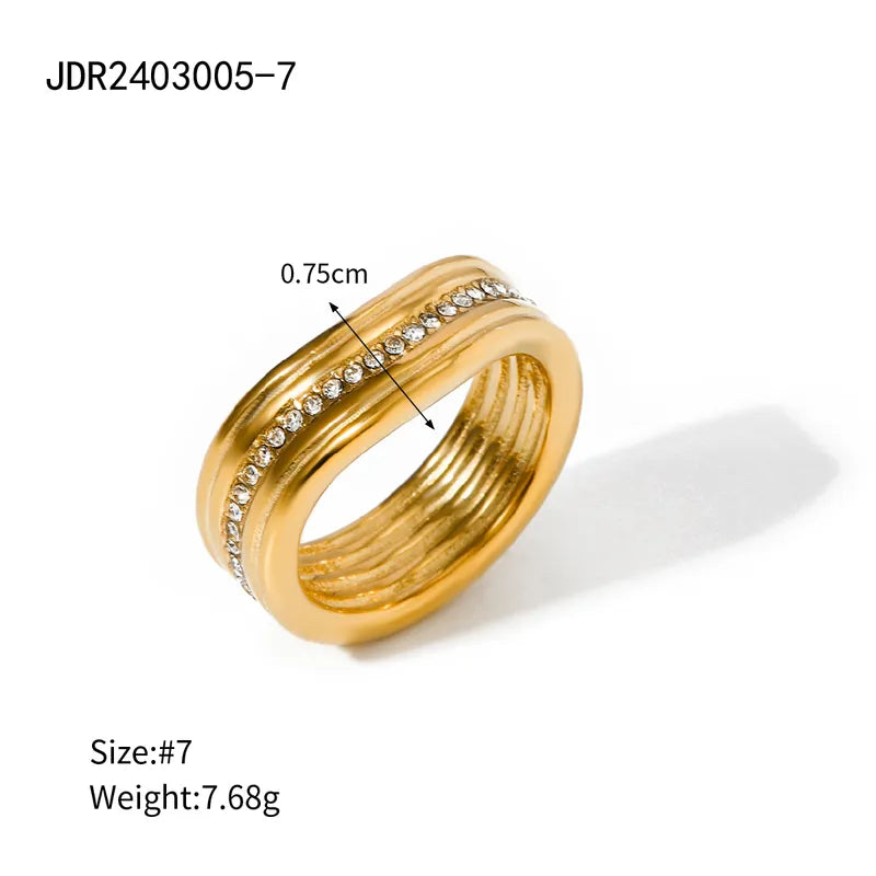 IG Style Simple Style Classic Style Waves Lines 304 Stainless Steel 18K Gold Plated Rhinestones Rings In Bulk\