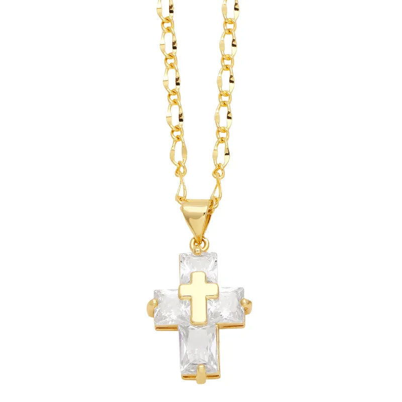 Ig Style Simple Style Cross Copper Plating Inlay Zircon 18k Gold Plated Pendant NecklacE