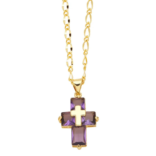 Ig Style Simple Style Cross Copper Plating Inlay Zircon 18k Gold Plated Pendant NecklacE