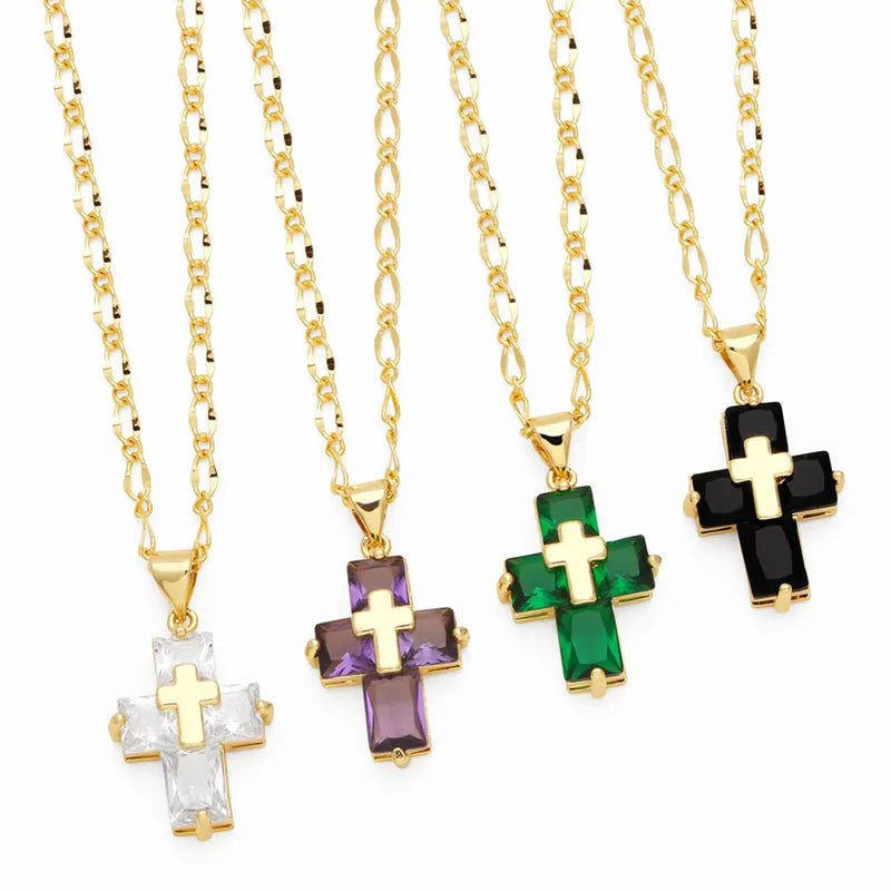 Ig Style Simple Style Cross Copper Plating Inlay Zircon 18k Gold Plated Pendant NecklacE