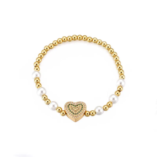 Style Sweet Heart Shape Copper Pearl Plating Inlay Zircon 18k Gold Plated Bracelets