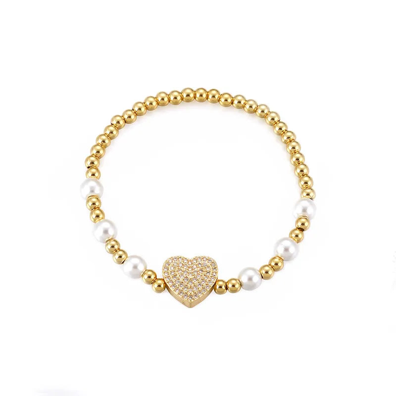 Style Sweet Heart Shape Copper Pearl Plating Inlay Zircon 18k Gold Plated Bracelets