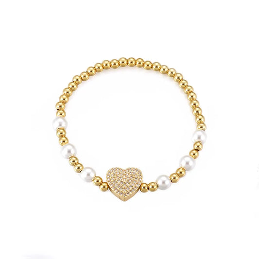 Style Sweet Heart Shape Copper Pearl Plating Inlay Zircon 18k Gold Plated Bracelets