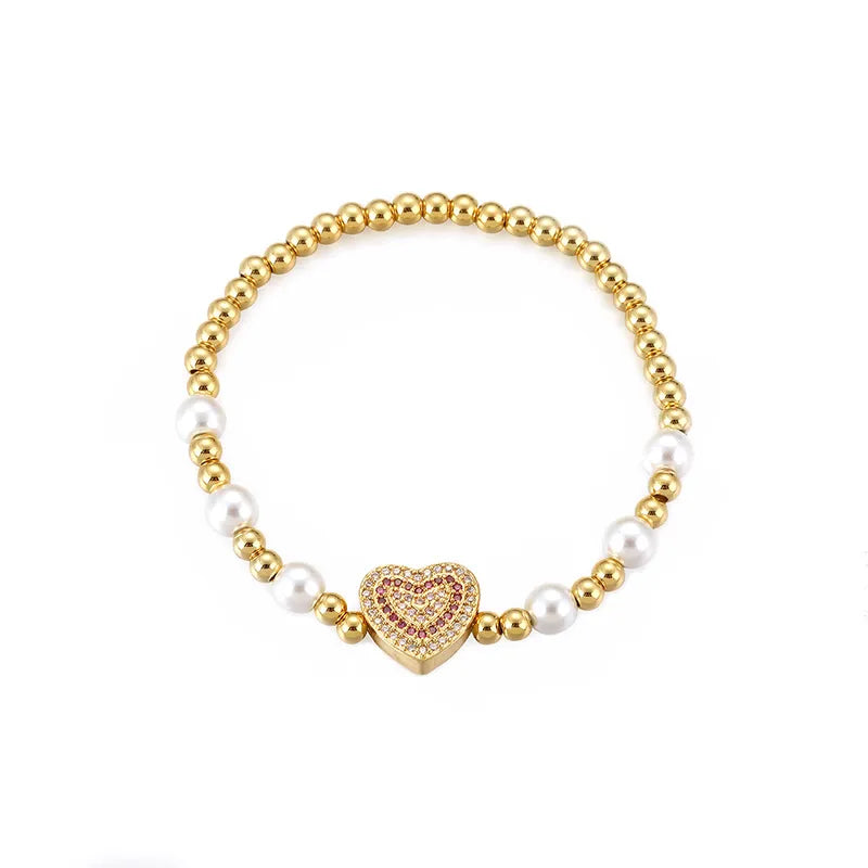 Style Sweet Heart Shape Copper Pearl Plating Inlay Zircon 18k Gold Plated Bracelets