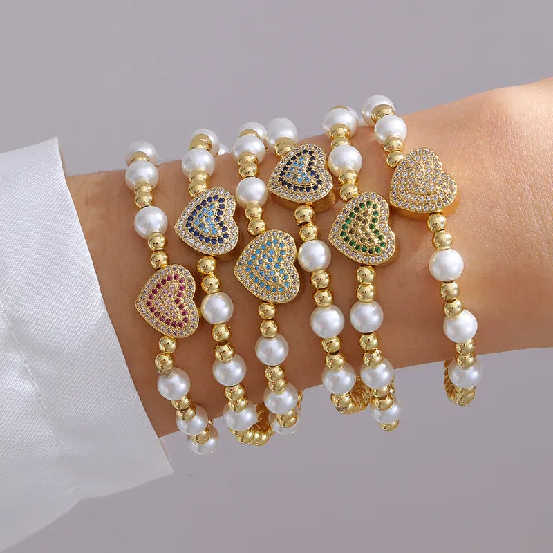 Style Sweet Heart Shape Copper Pearl Plating Inlay Zircon 18k Gold Plated Bracelets