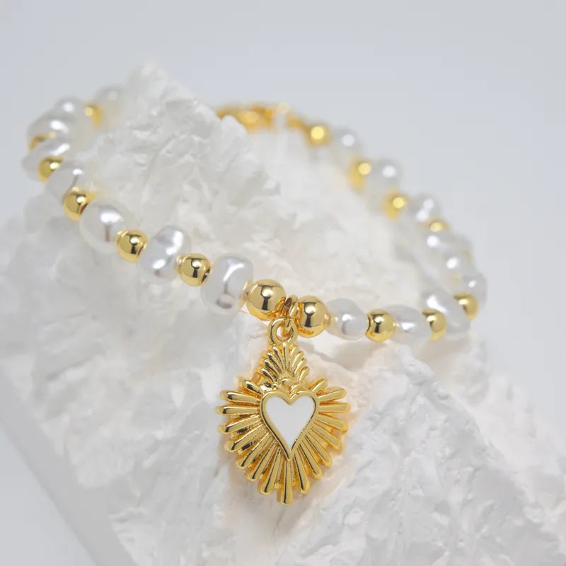 Imitation Pearl Copper Beaded Chain 18K Gold Plated Plating Heart Shape Bracelets