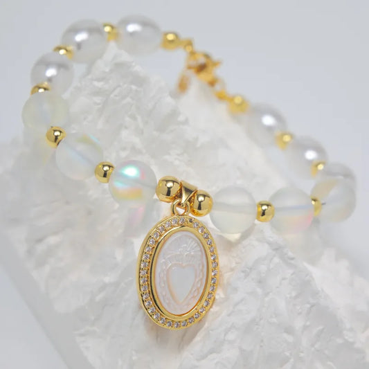 Imitation Pearl Copper Beaded Chain 18K Gold Plated Plating Inlay Oval Heart Shape Shell Bracelets