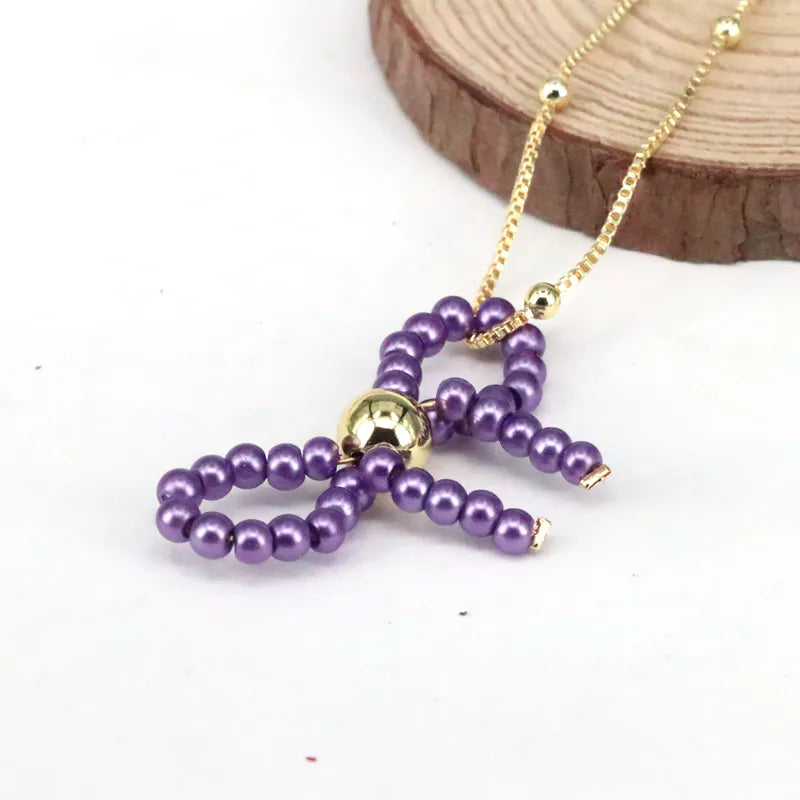 Imitation Pearl Copper Elegant Cute Beaded Bow Knot Pendant Necklace