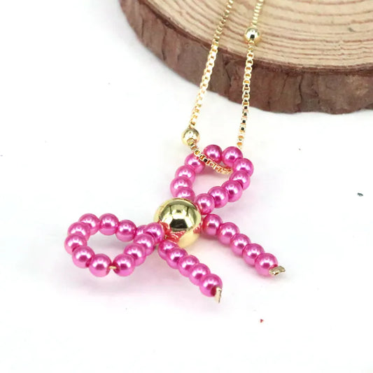 Imitation Pearl Copper Elegant Cute Beaded Bow Knot Pendant Necklace