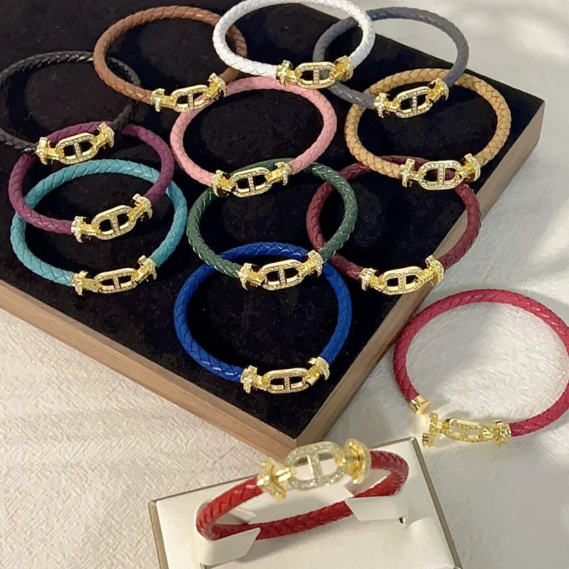 Leather Rope Copper No Chain 18K Gold Plated Plating Inlay Geometric Rhinestones Bracelets