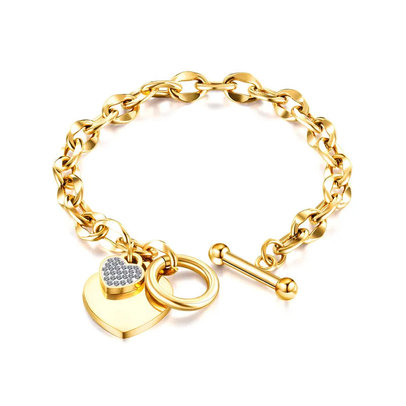 Luxurious Classic Style Shiny Heart Shape Titanium Steel 18K Gold Plated Artificial Rhinestones Bracelets In Bulk