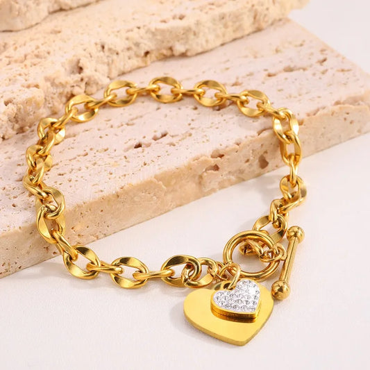 Luxurious Classic Style Shiny Heart Shape Titanium Steel 18K Gold Plated Artificial Rhinestones Bracelets In Bulk